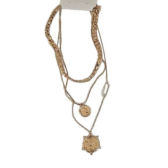 Women's Gold-Tone Multi-Layer Geometric Medallion Statement Necklace - NWOT - Picture 2 of 6